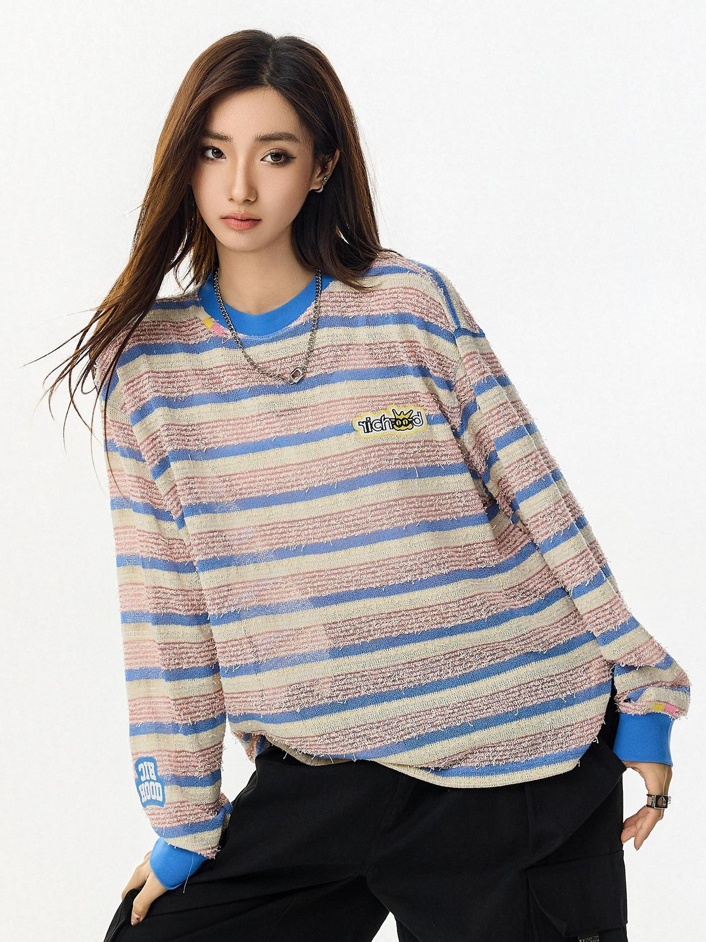 RickyisClown Pineapple Texture Contrast Striped Men's Polyester Blend Long Sleeve T-shirts