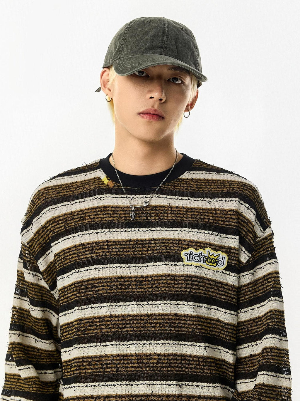 RickyisClown Pineapple Texture Contrast Striped Men's Polyester Blend Long Sleeve T-shirts