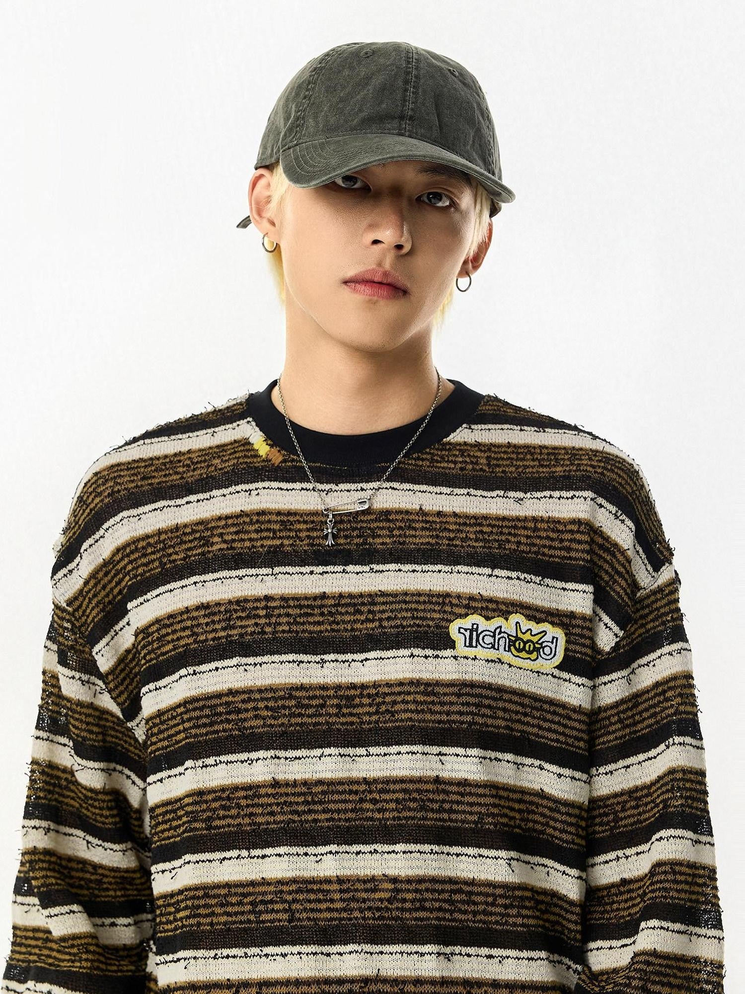 RickyisClown Pineapple Texture Contrast Striped Men's Polyester Blend Long Sleeve T-shirts