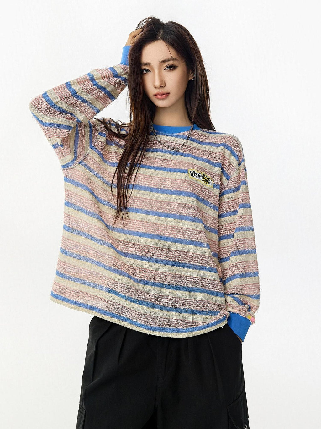 RickyisClown Pineapple Texture Contrast Striped Men's Polyester Blend Long Sleeve T-shirts