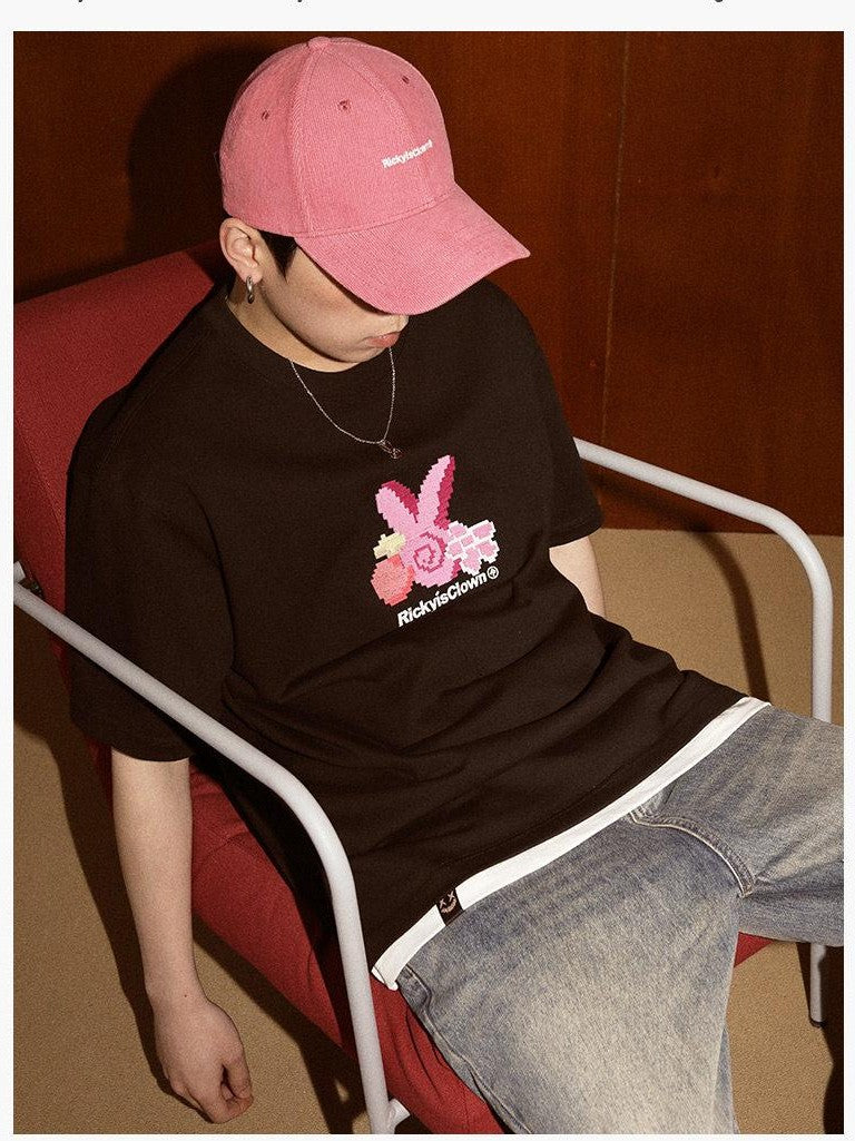 RickyisClown Pixel Swirl Rabbit Brush Embroidered Men's Cotton Short Sleeve T-shirts