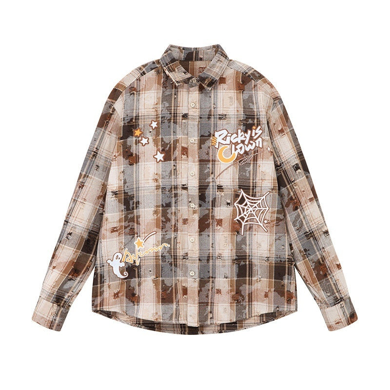 RickyisClown_Plaid_Graffiti_Embroidery_Point_Collar_Men's_Poly_Cotton_Casual_Shirts_MISSTT