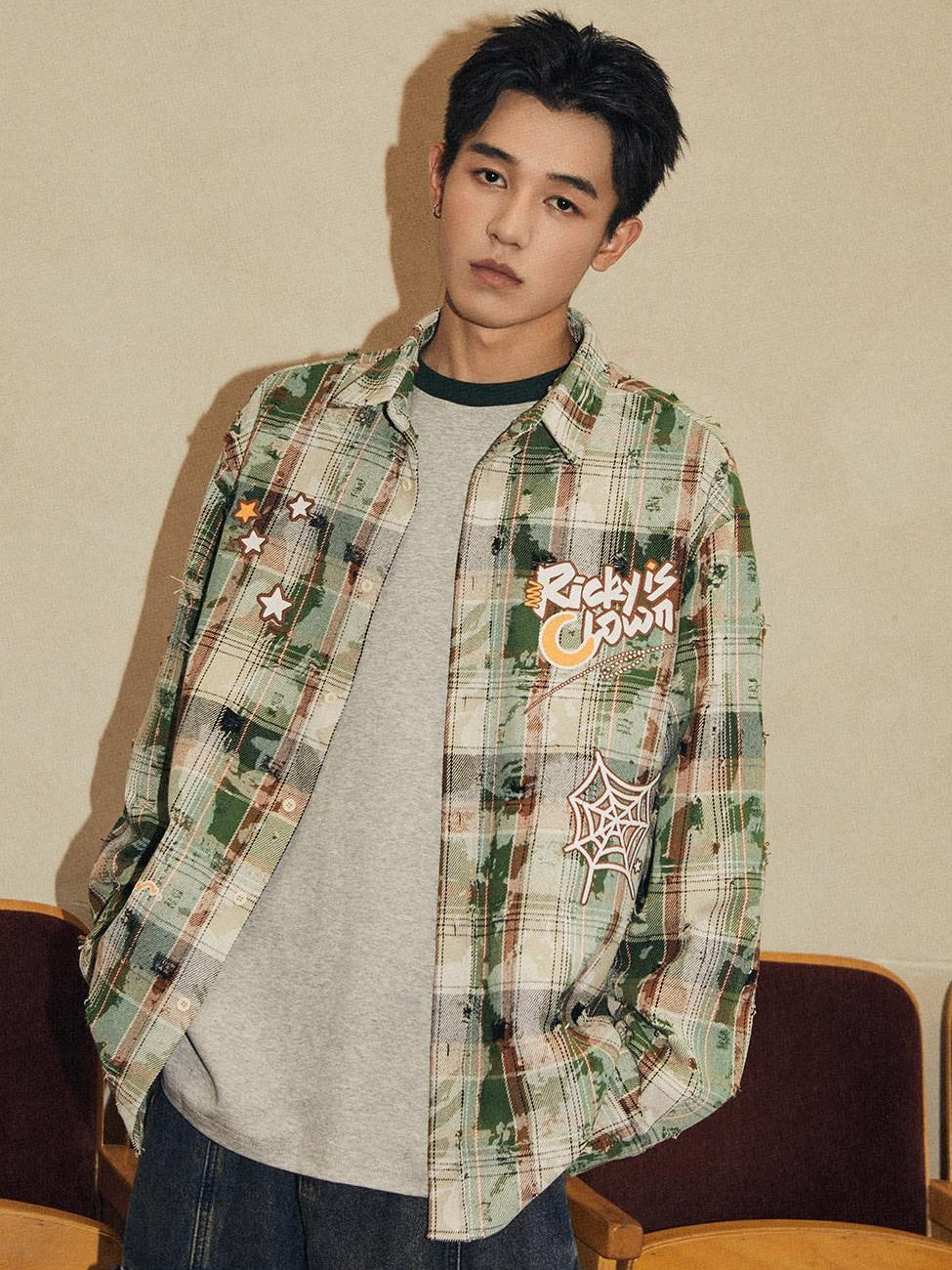 RickyisClown Plaid Graffiti Embroidery Point Collar Men's Poly Cotton Casual Shirts