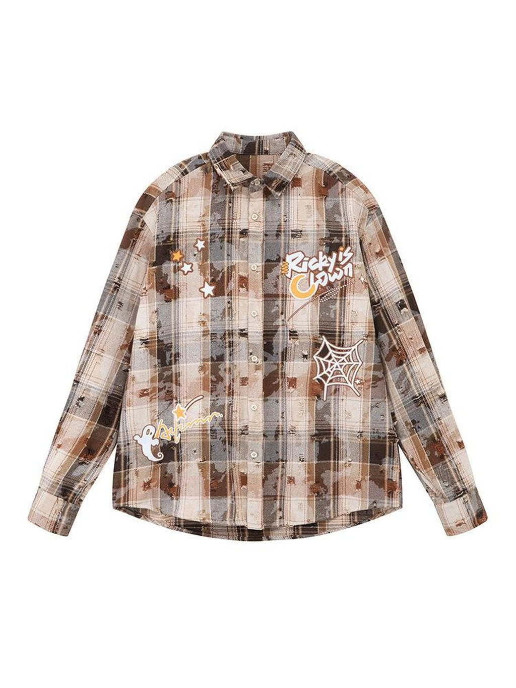 RickyisClown Plaid Graffiti Embroidery Point Collar Men's Poly Cotton Casual Shirts
