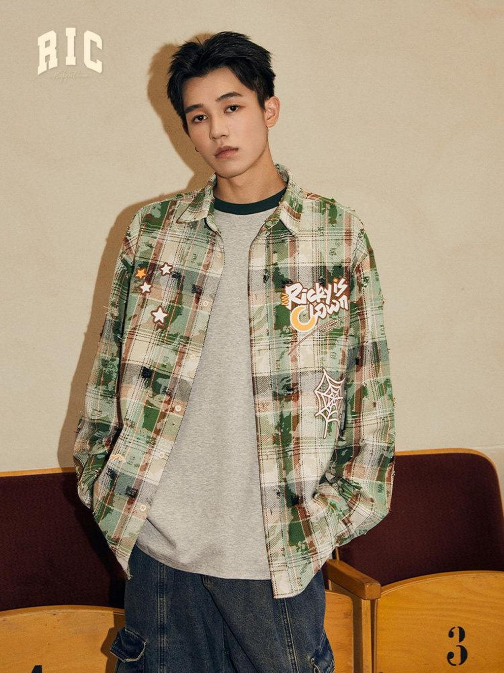 RickyisClown Plaid Graffiti Embroidery Point Collar Men's Poly Cotton Casual Shirts