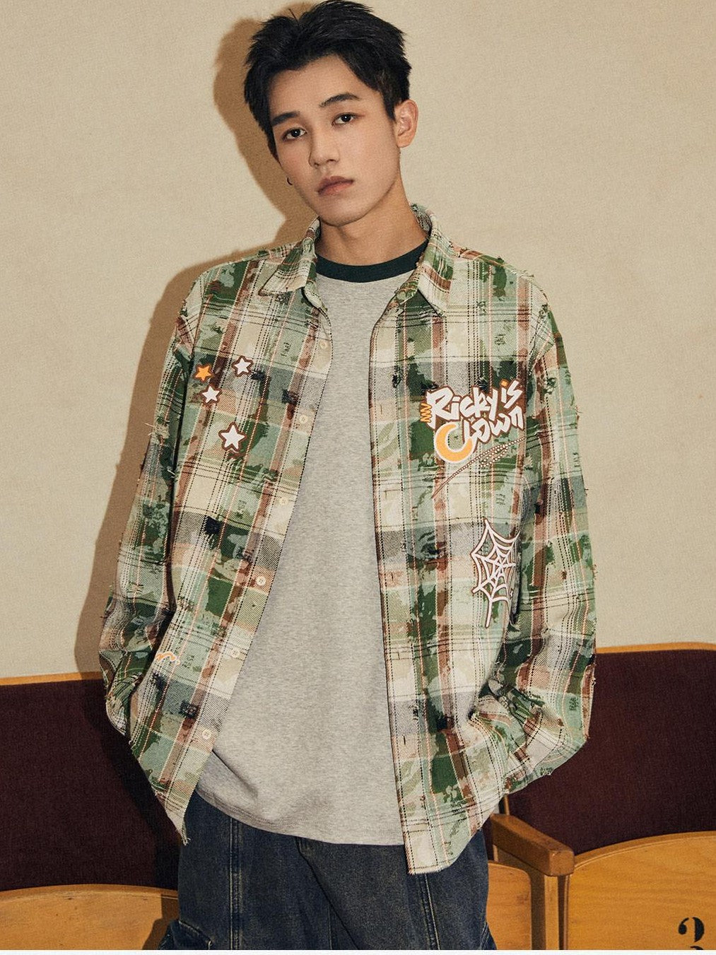 RickyisClown Plaid Graffiti Embroidery Point Collar Men's Poly Cotton Casual Shirts
