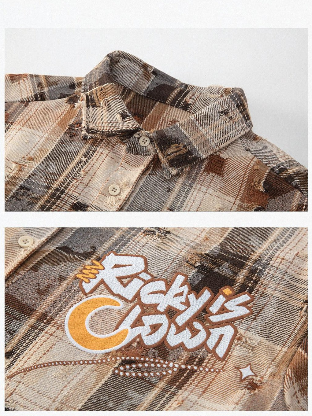 RickyisClown Plaid Graffiti Embroidery Point Collar Men's Poly Cotton Casual Shirts