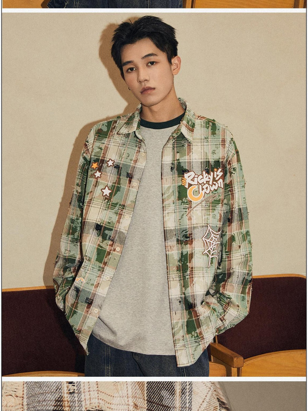 RickyisClown Plaid Graffiti Embroidery Point Collar Men's Poly Cotton Casual Shirts