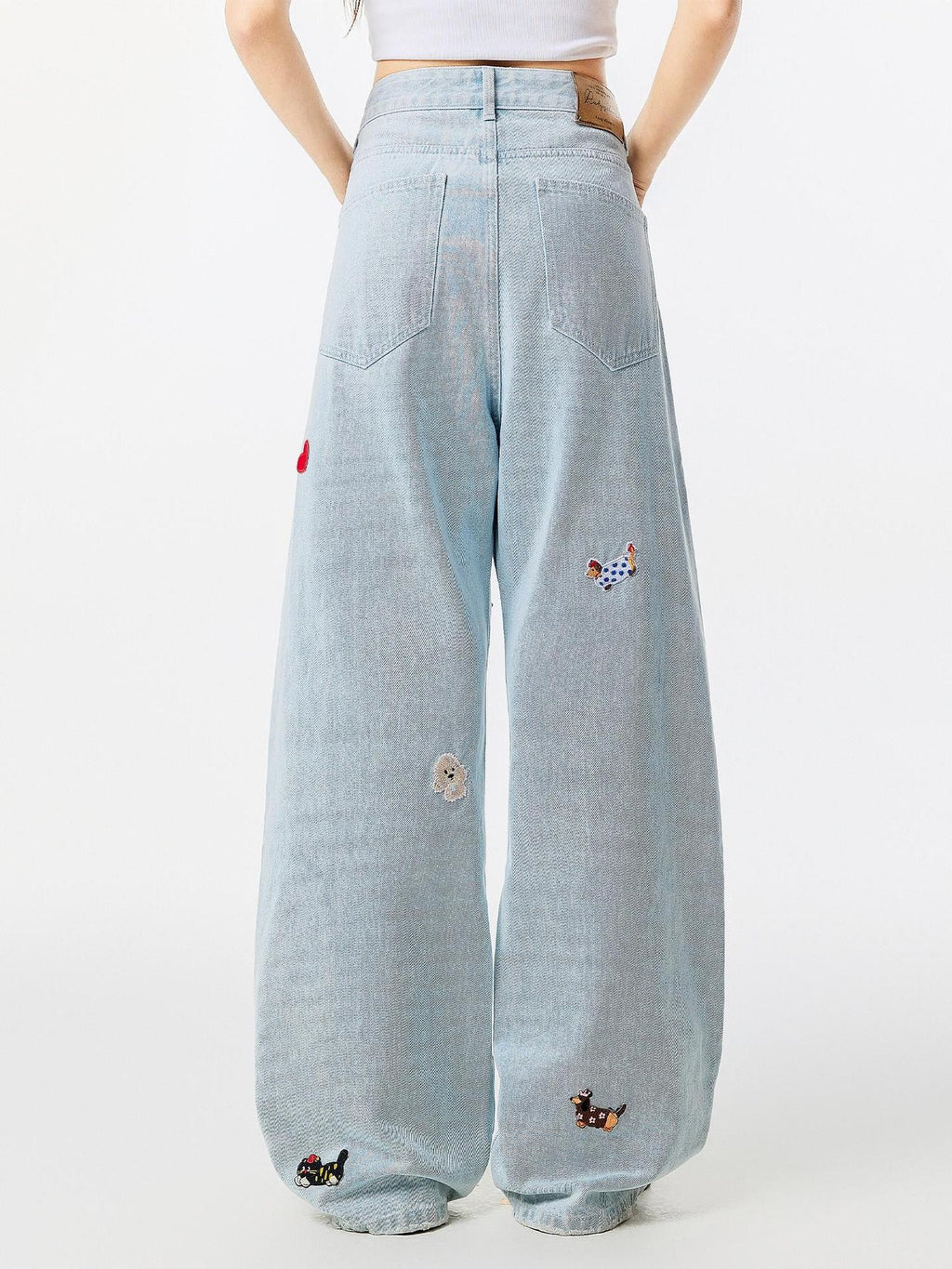 RickyisClown Playful Puppy Embroidered Loose Fit Men's Denim Straight Jeans