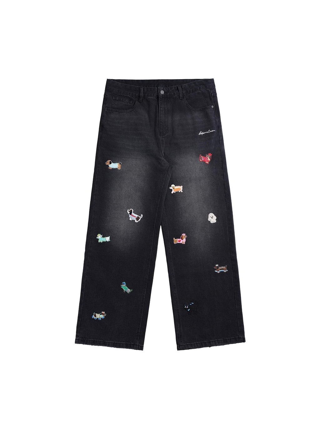 RickyisClown Playful Puppy Embroidered Loose Fit Men's Denim Straight Jeans