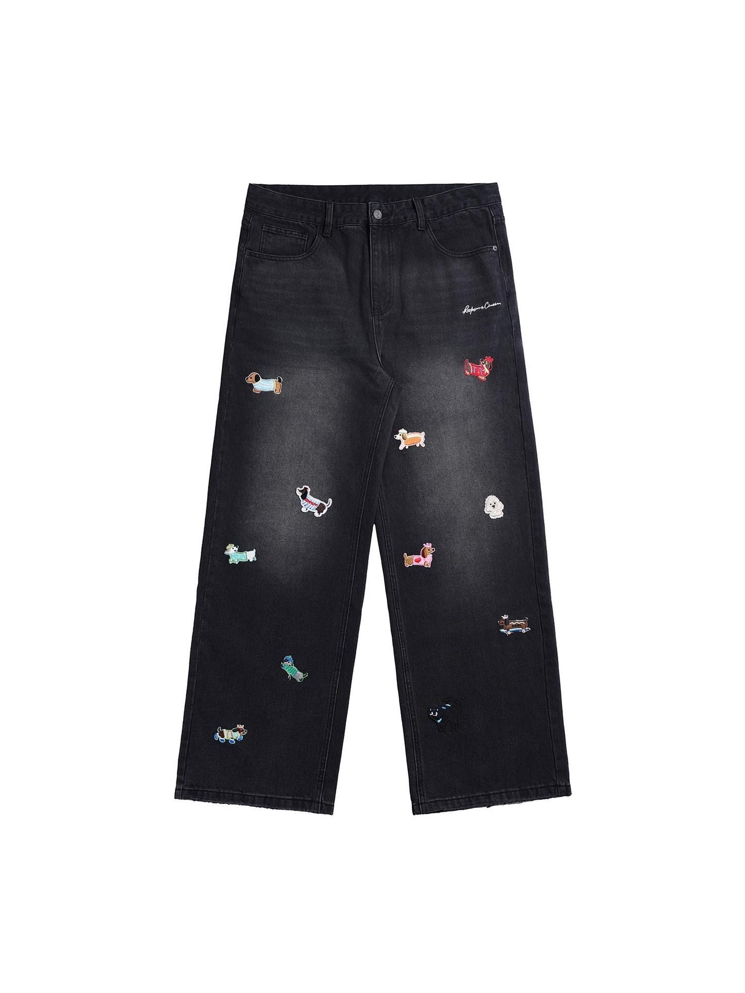 RickyisClown Playful Puppy Embroidered Loose Fit Men's Denim Straight Jeans