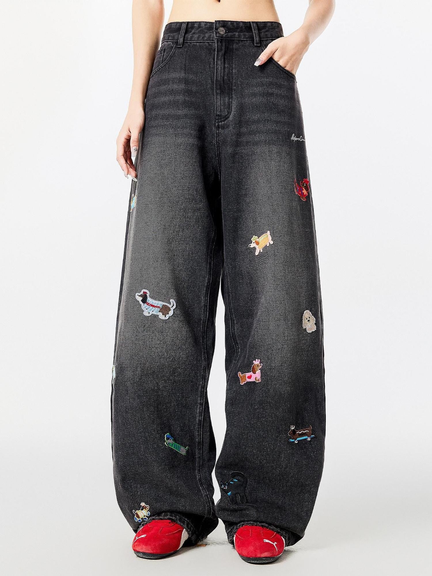 Playful Puppy Embroidery Relaxed Fit Men's Denim Straight Jeans
