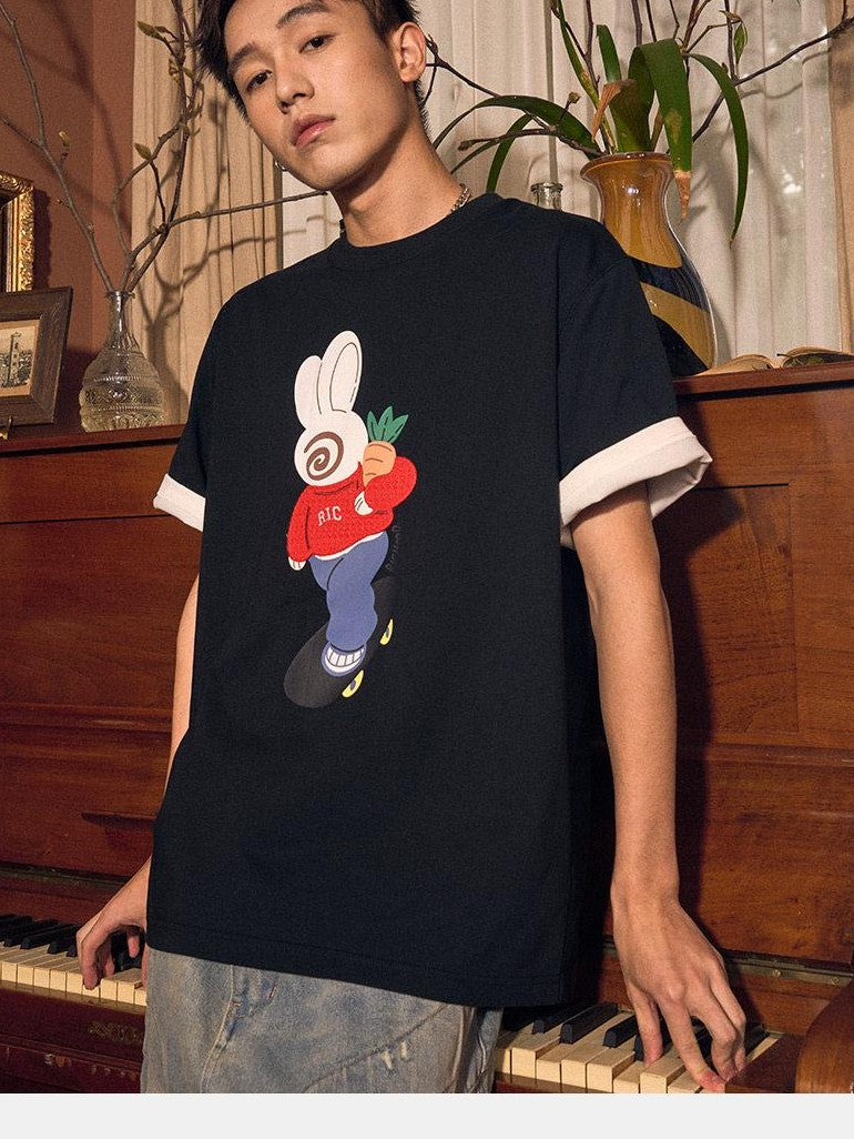 RickyisClown Playful Rabbit Print Cooling Loose Fit Men's Cotton Blend Short Sleeve T-shirts