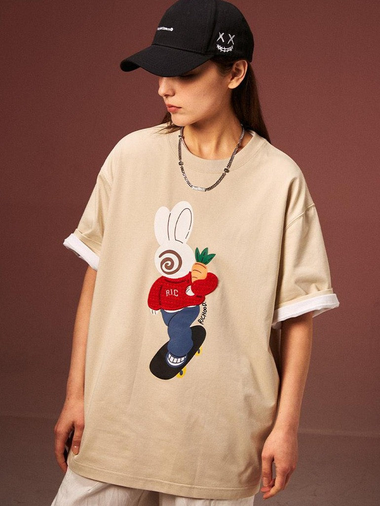RickyisClown Playful Rabbit Print Cooling Loose Fit Men's Cotton Blend Short Sleeve T-shirts