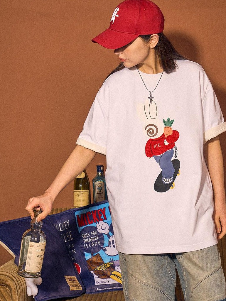 RickyisClown Playful Rabbit Print Cooling Loose Fit Men's Cotton Blend Short Sleeve T-shirts