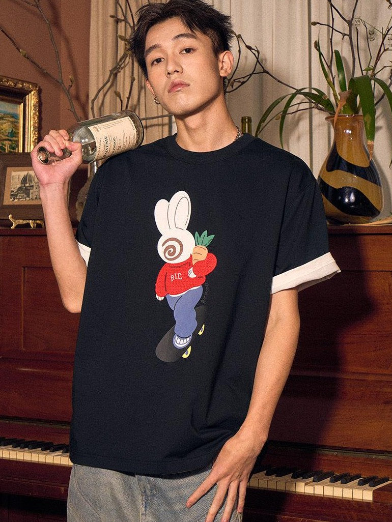 RickyisClown Playful Rabbit Print Cooling Loose Fit Men's Cotton Blend Short Sleeve T-shirts