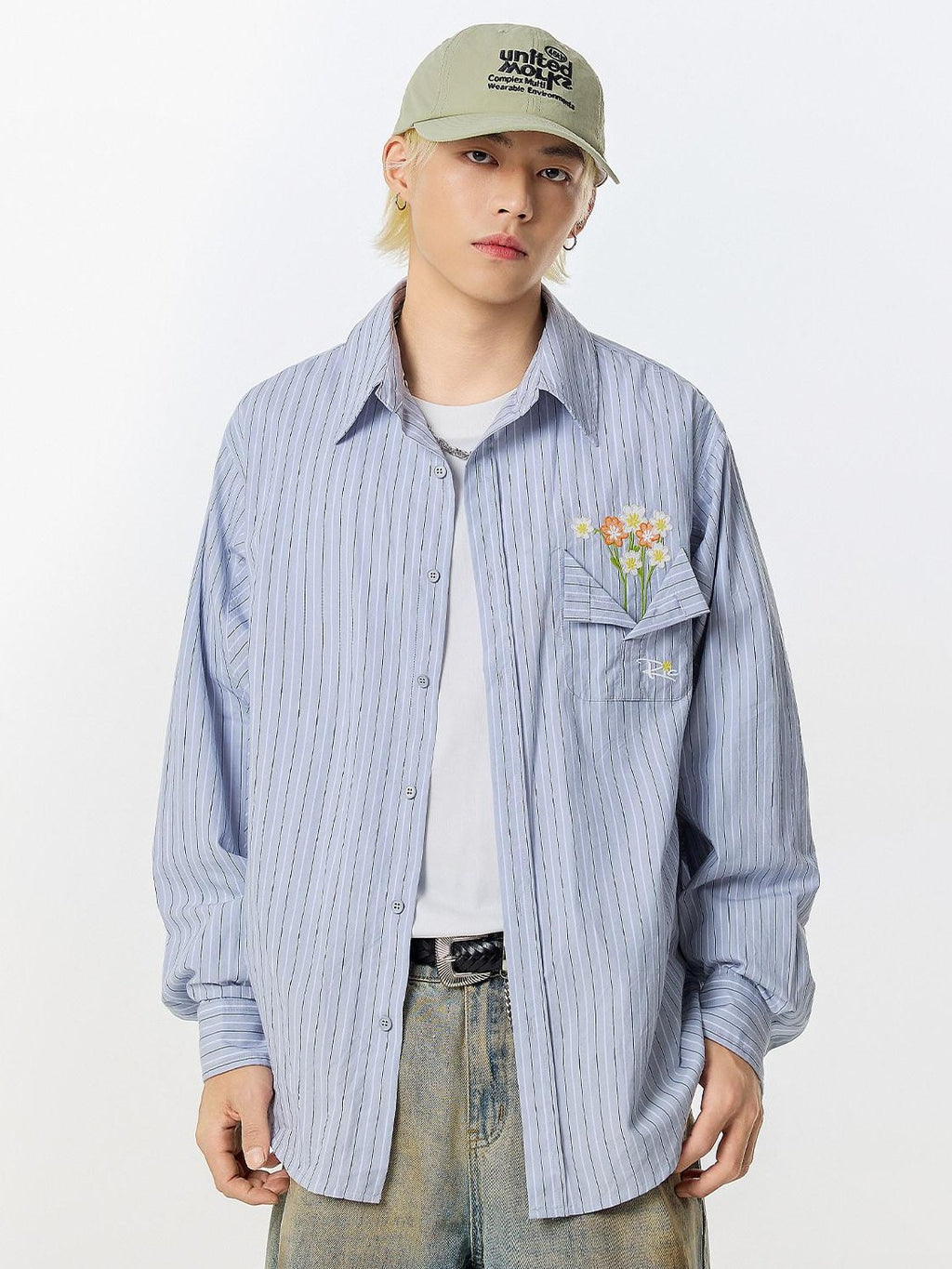 RickyisClown Pocket Vase Print Long Sleeve Shirt Jacket Men's Striped Shirts