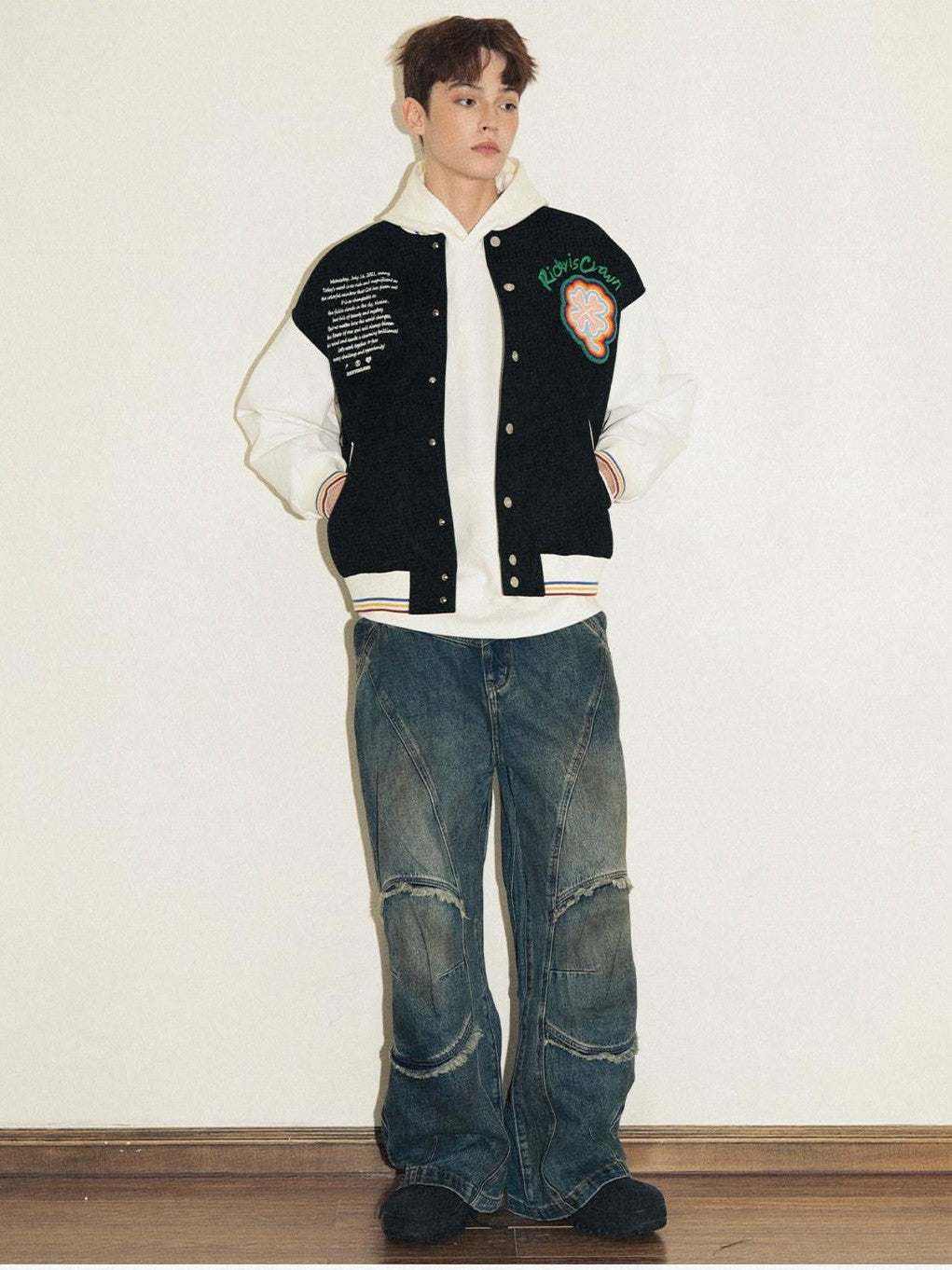 RickyisClown Rainbow Embroidered Four Leaf Clover Loose Fit Men's Polyester Baseball Jerseys