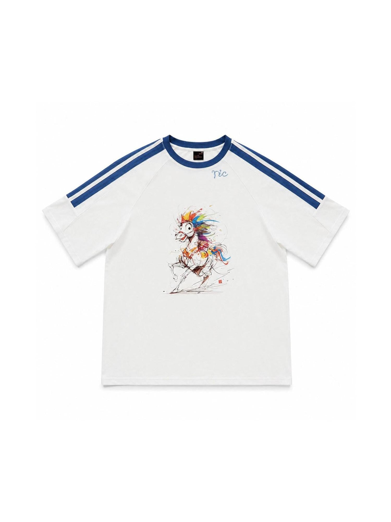 RickyisClown Rainbow Pony Print Colorblock Couple Men's Short Sleeve T-shirts