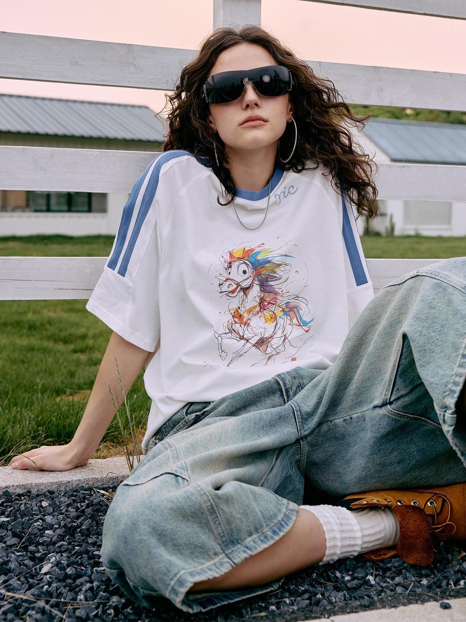 RickyisClown Rainbow Pony Print Colorblock Couple Men's Short Sleeve T-shirts