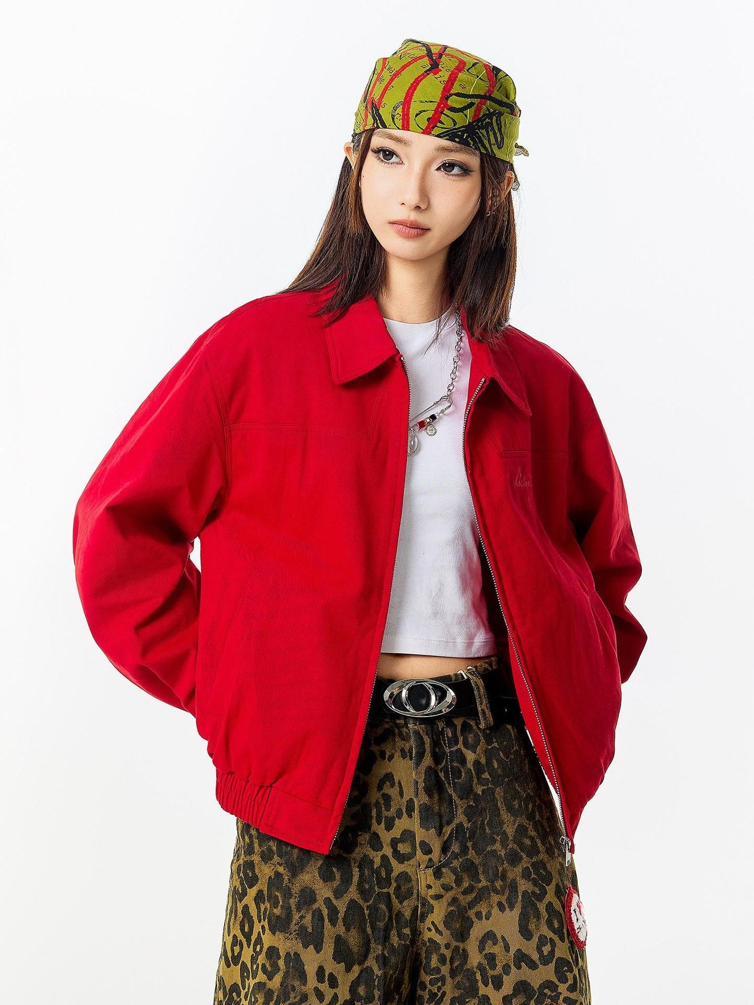RickyisClown Red Floral Print Rib Hem Baseball Collar Loose Men's Cotton Harrington Jackets