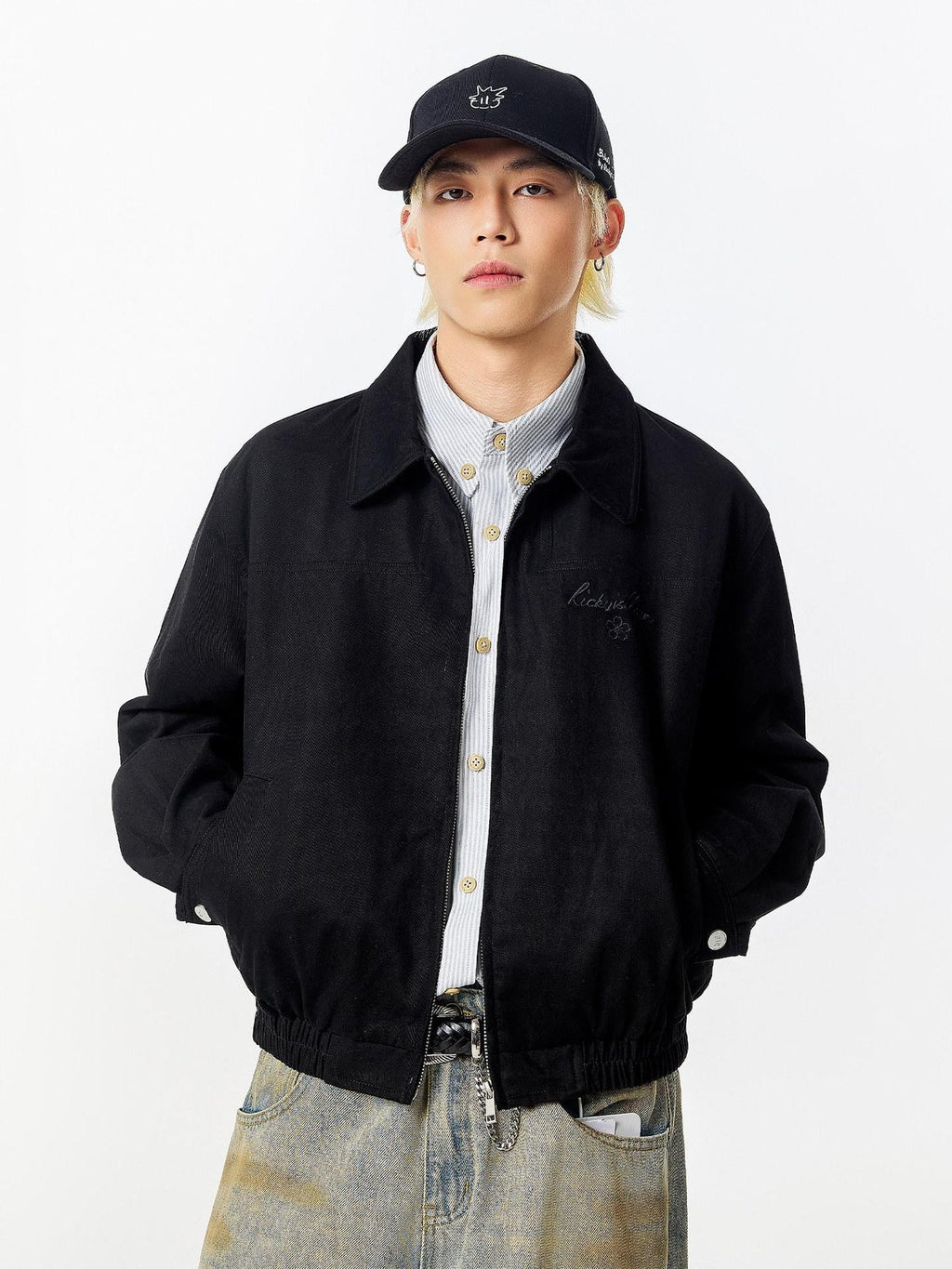 RickyisClown Red Floral Print Rib Hem Baseball Collar Loose Men's Cotton Harrington Jackets