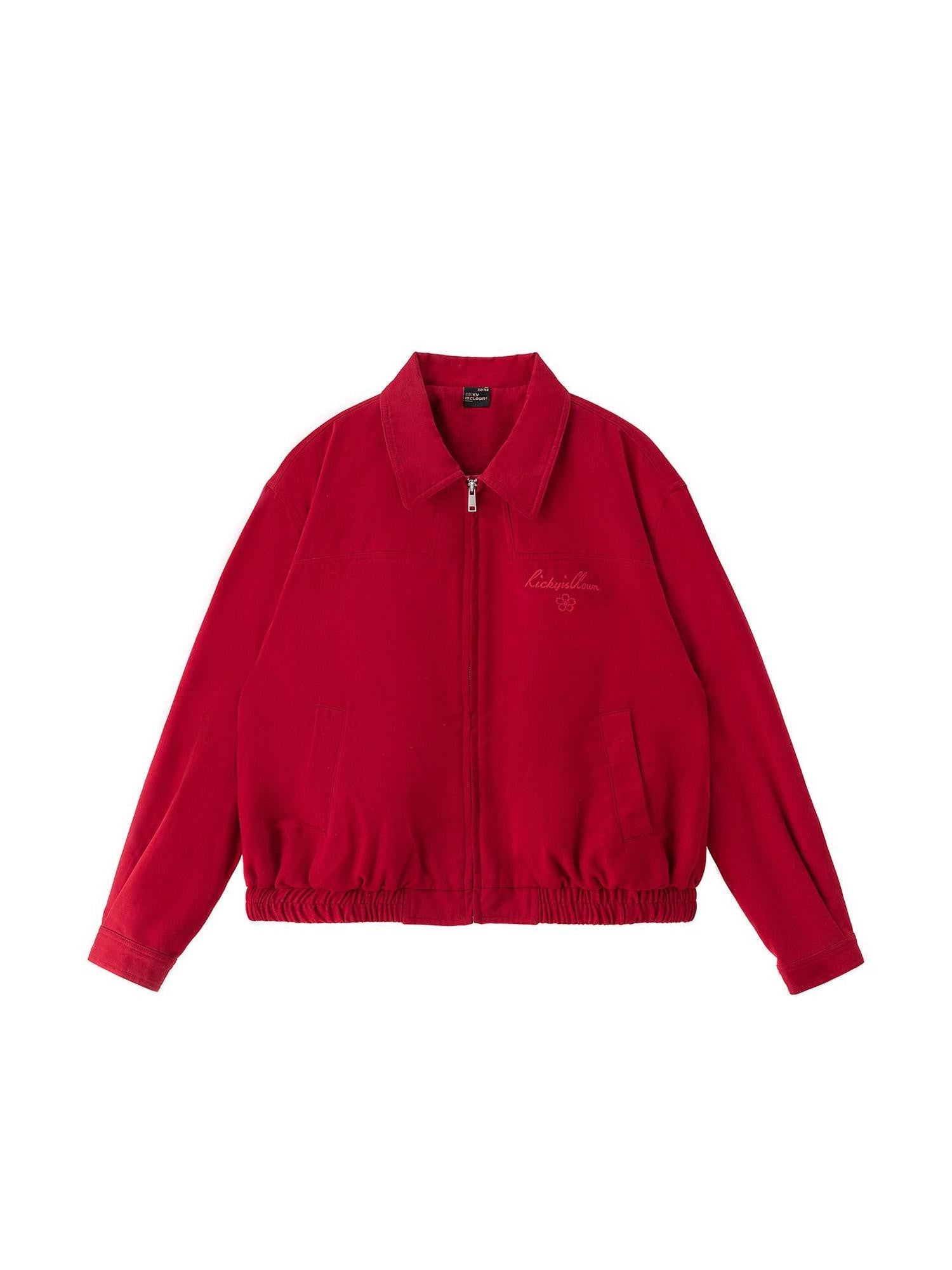 RickyisClown Red Floral Print Rib Hem Baseball Collar Loose Men's Cotton Harrington Jackets