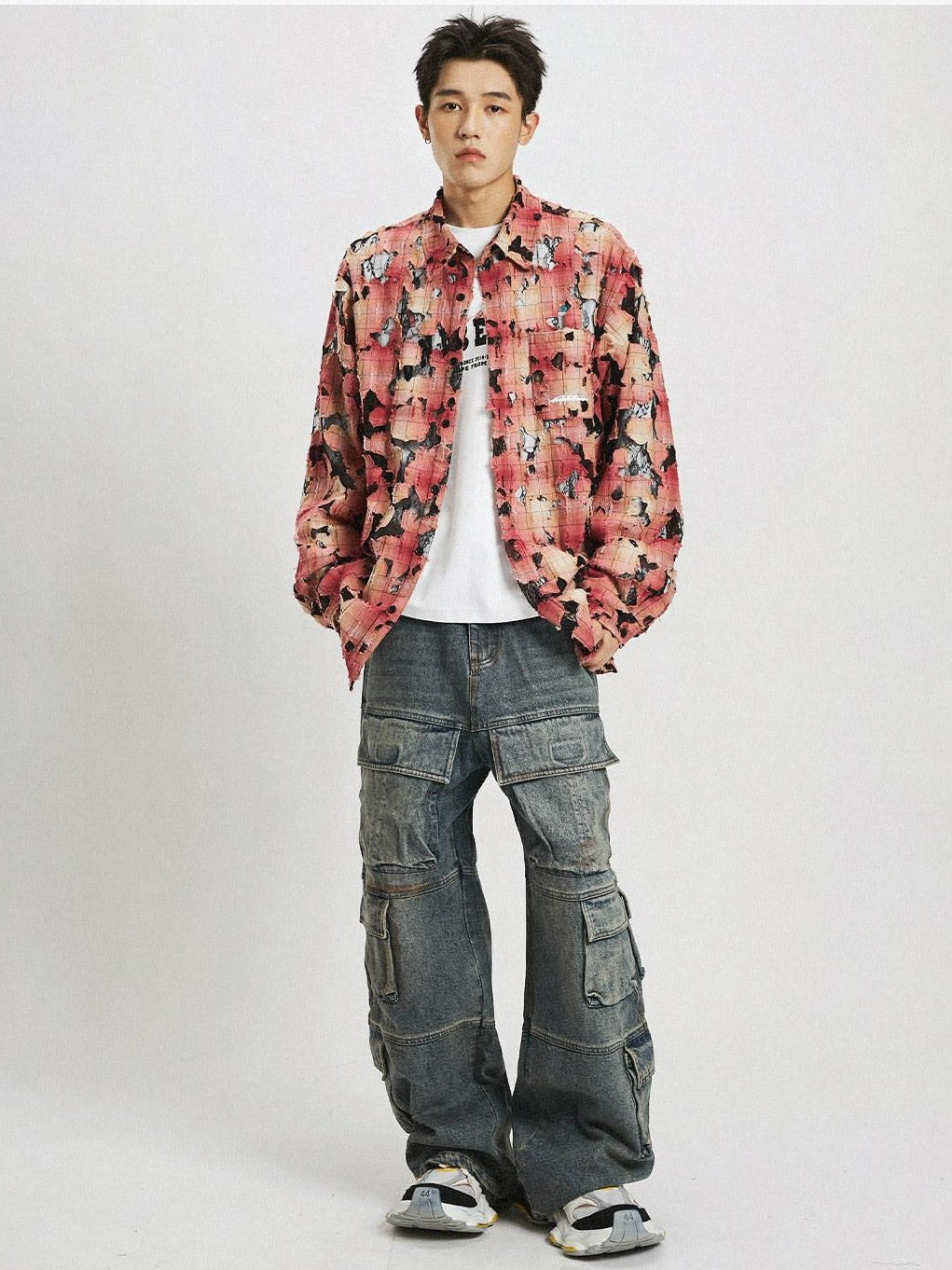 RickyisClown Red Plaid Lace Ripped Point Collar Men's Cotton Loose Print Shirts