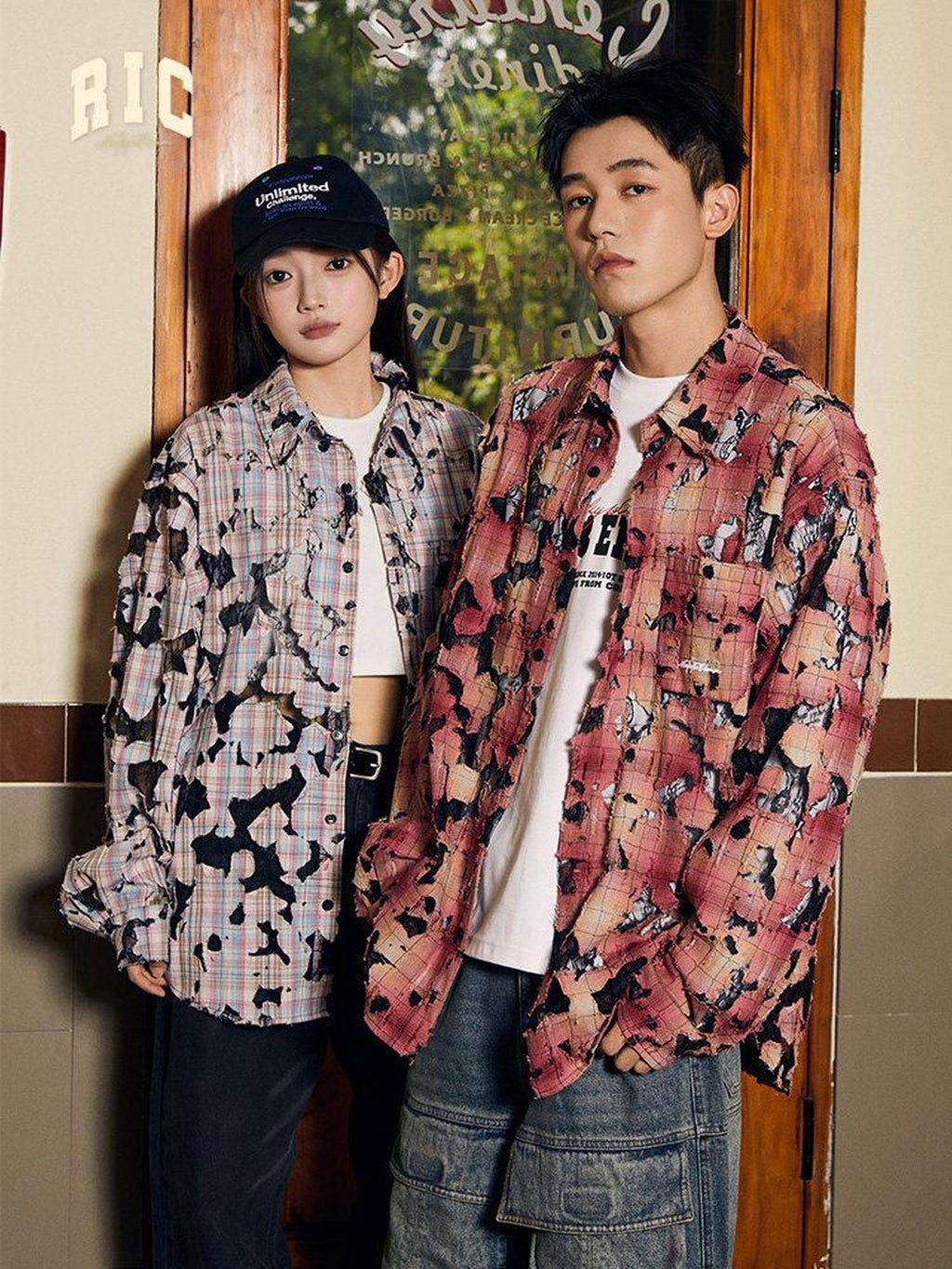 RickyisClown Red Plaid Lace Ripped Point Collar Men's Cotton Loose Print Shirts