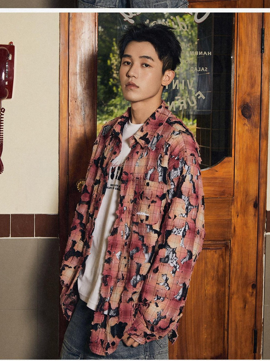 RickyisClown Red Plaid Lace Ripped Point Collar Men's Cotton Loose Print Shirts