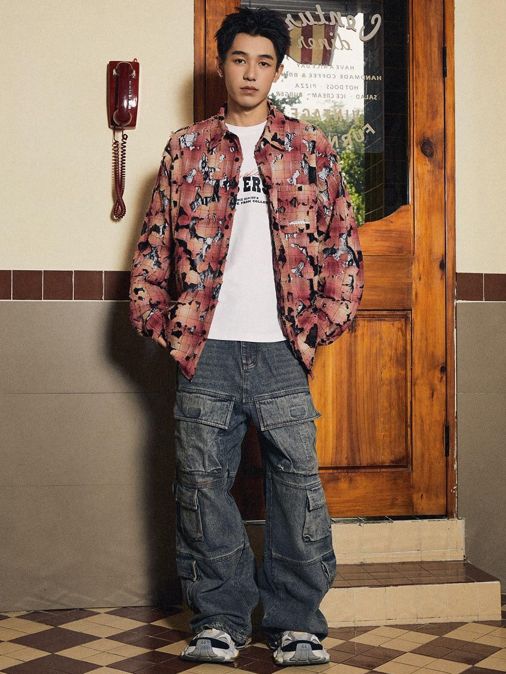 RickyisClown Red Plaid Lace Ripped Point Collar Men's Cotton Loose Print Shirts