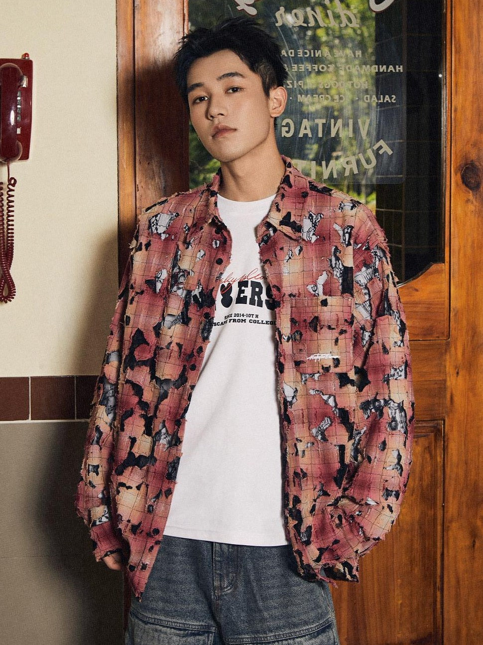 RickyisClown Red Plaid Lace Ripped Point Collar Men's Cotton Loose Print Shirts