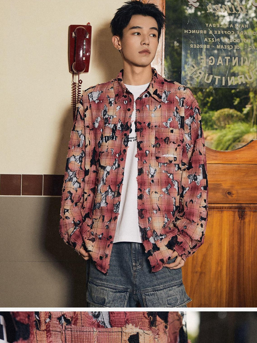 RickyisClown Red Plaid Lace Ripped Point Collar Men's Cotton Loose Print Shirts