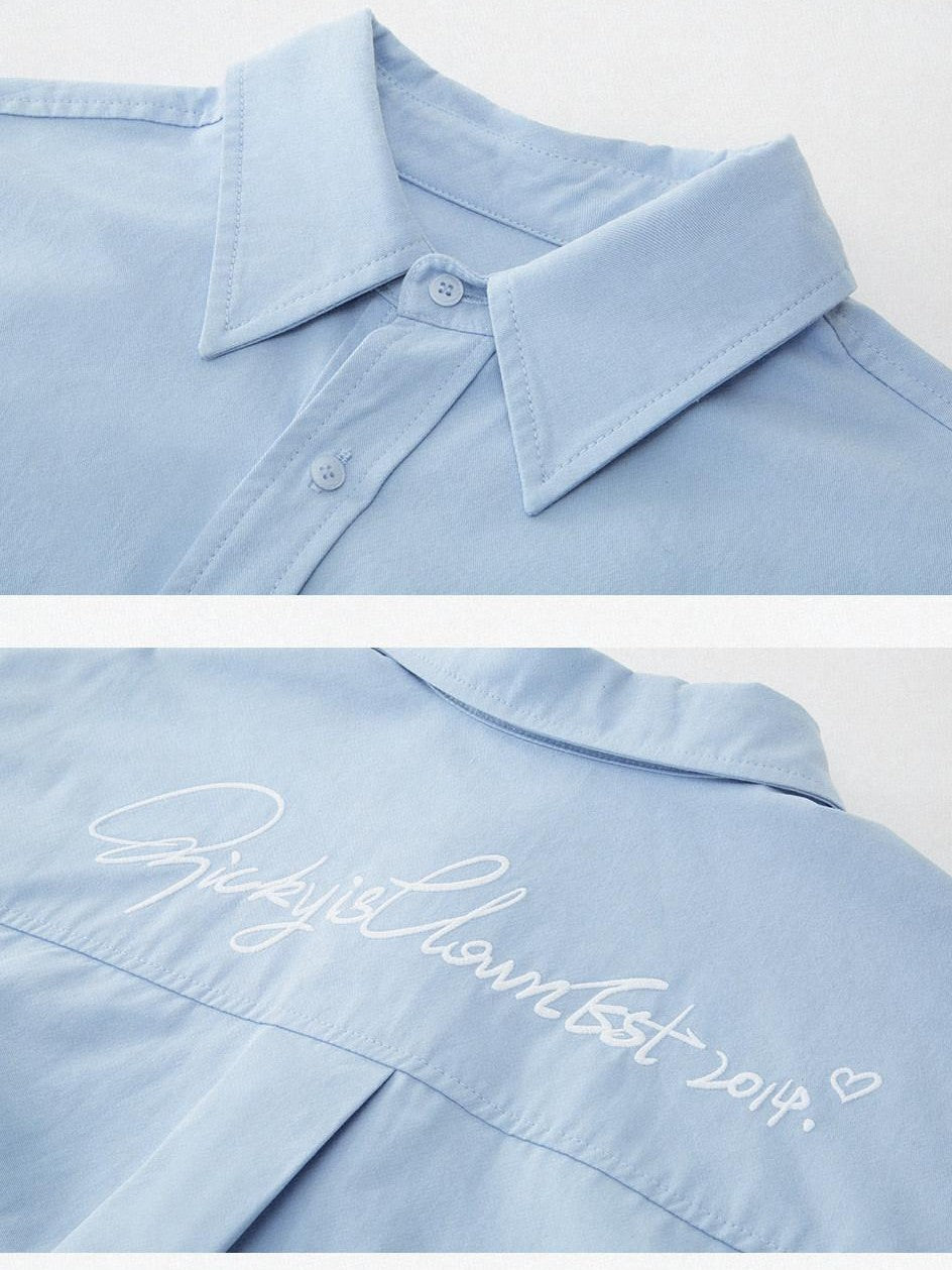RickyisClown Relaxed Script Letter Embroidery Turn Down Collar Men's Cotton Casual Shirts