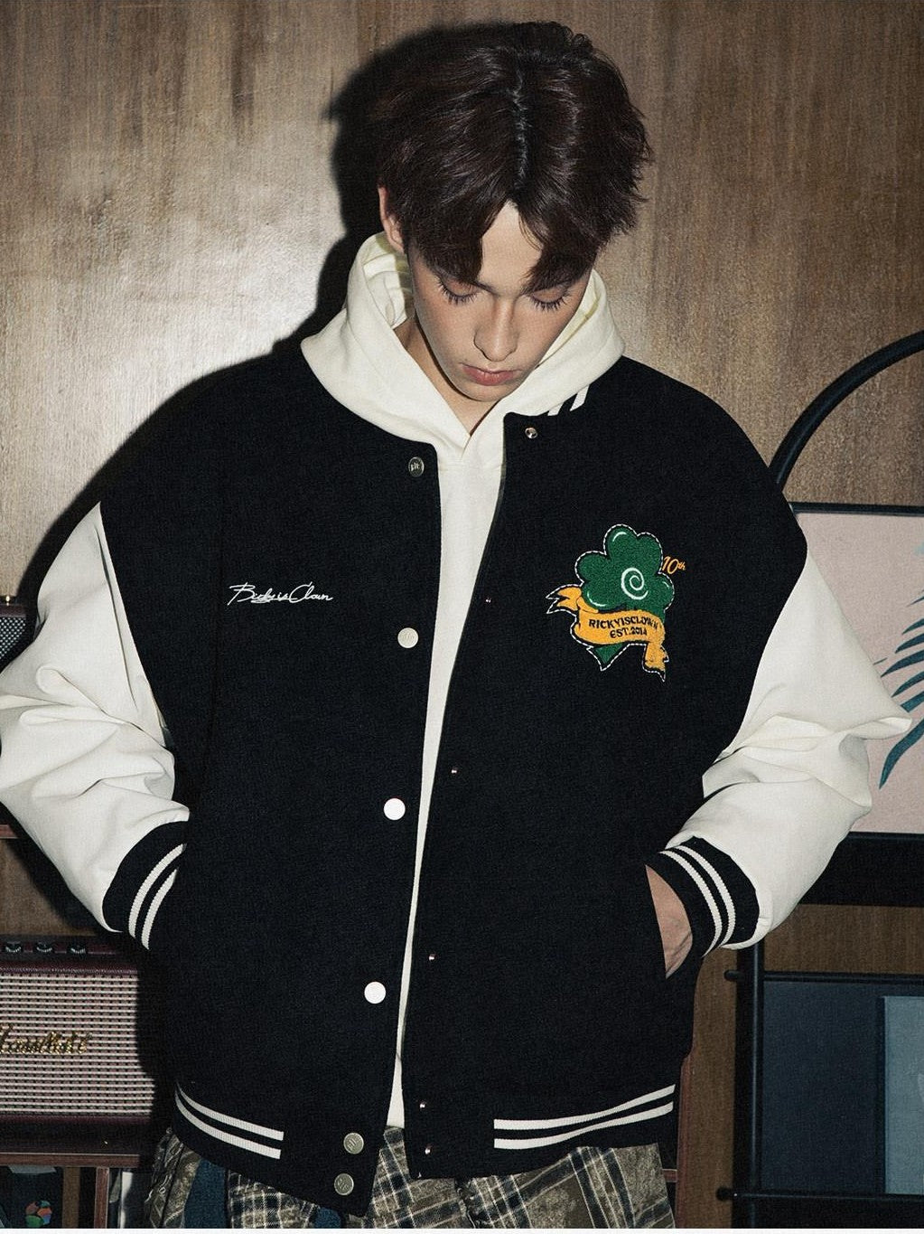 RickyisClown Retro Trefoil Embroidered Baseball Collar Men's Polyester Varsity Jackets