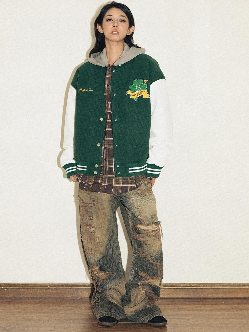 RickyisClown Retro Trefoil Embroidered Baseball Collar Men's Polyester Varsity Jackets