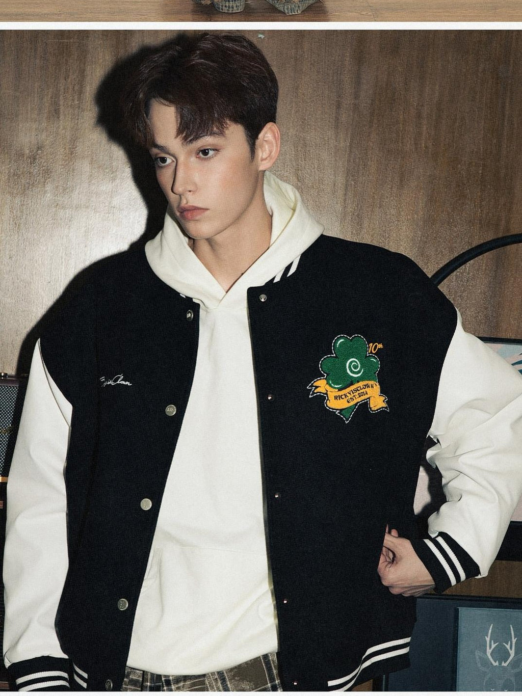 RickyisClown Retro Trefoil Embroidered Baseball Collar Men's Polyester Varsity Jackets