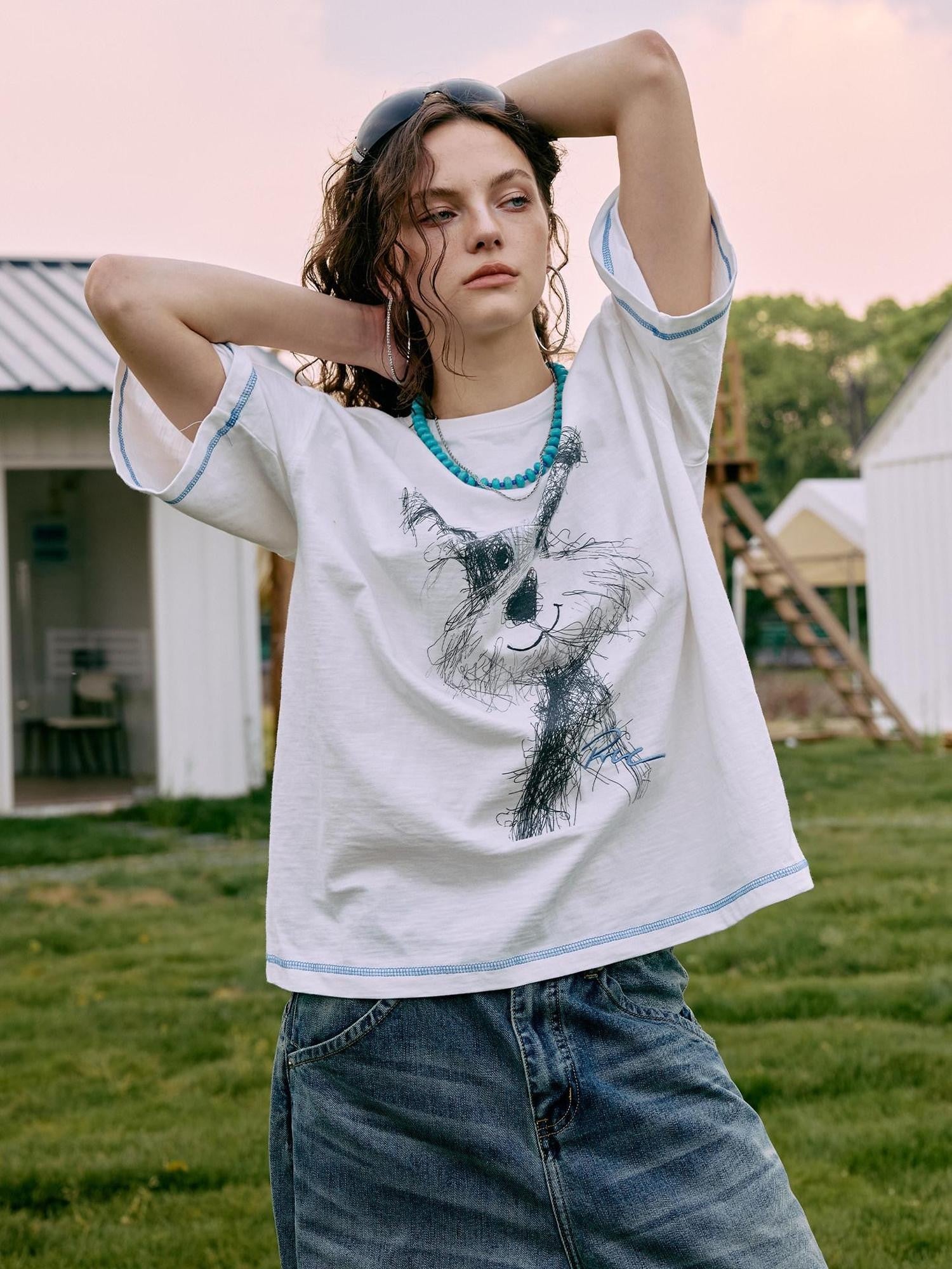 RickyisClown Scribble Puppy Contrast Print Men's Slub Cotton Short Sleeve T-shirts