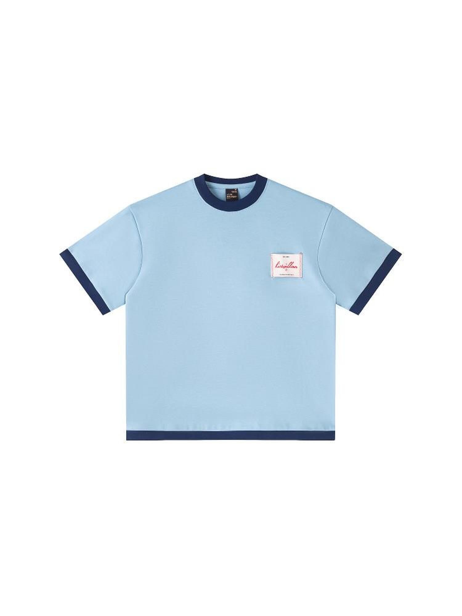 RickyisClown Sky Blue Woven Label Geometric Print Loose Men's Cotton Short Sleeve T-shirts