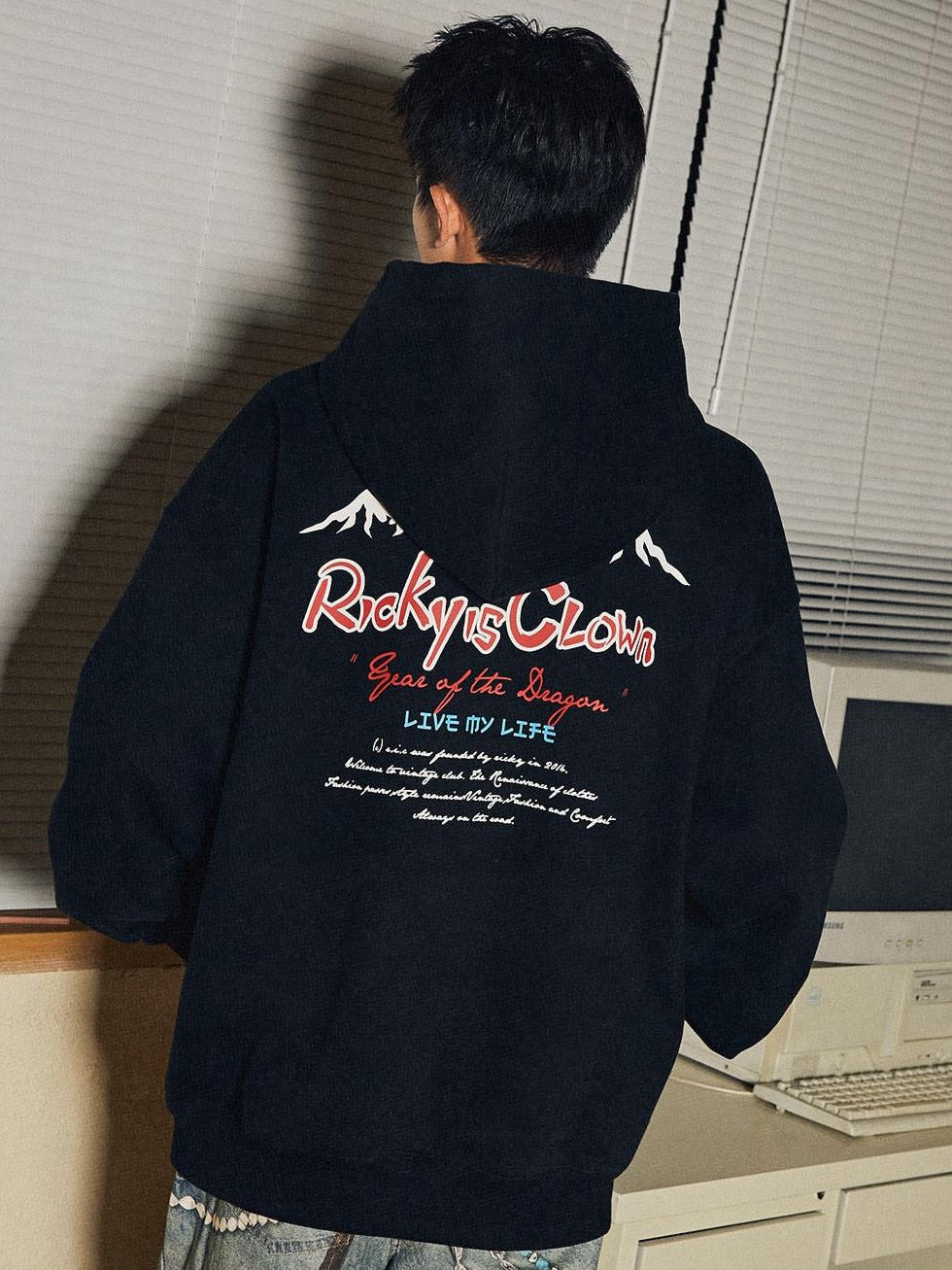 RickyisClown Snow Mountain Letter Print Casual Loose Men's Pullover Hoodies