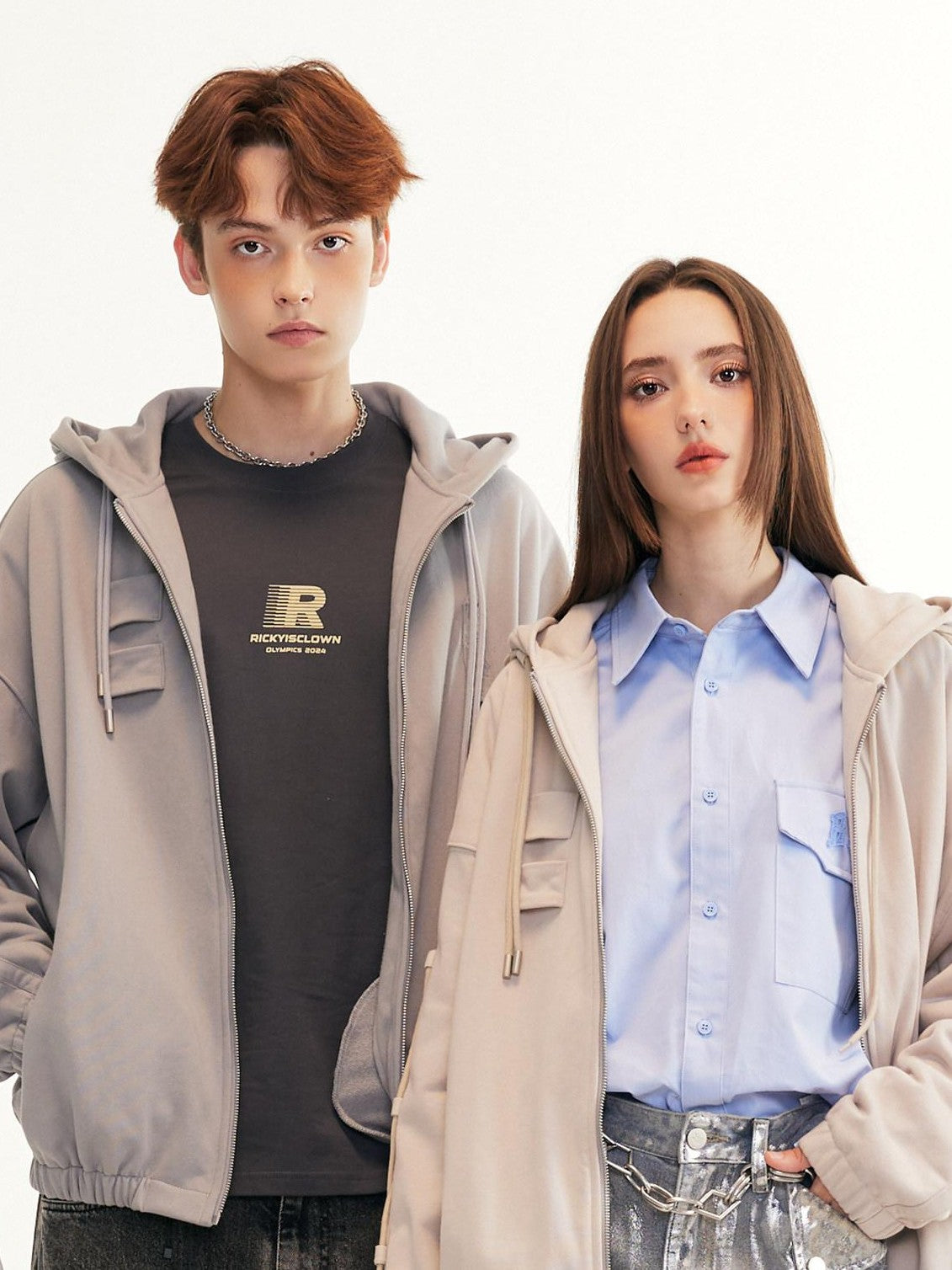RickyisClown Street Drawstring Oversized Design Detail Men's Zip-up Hoodies