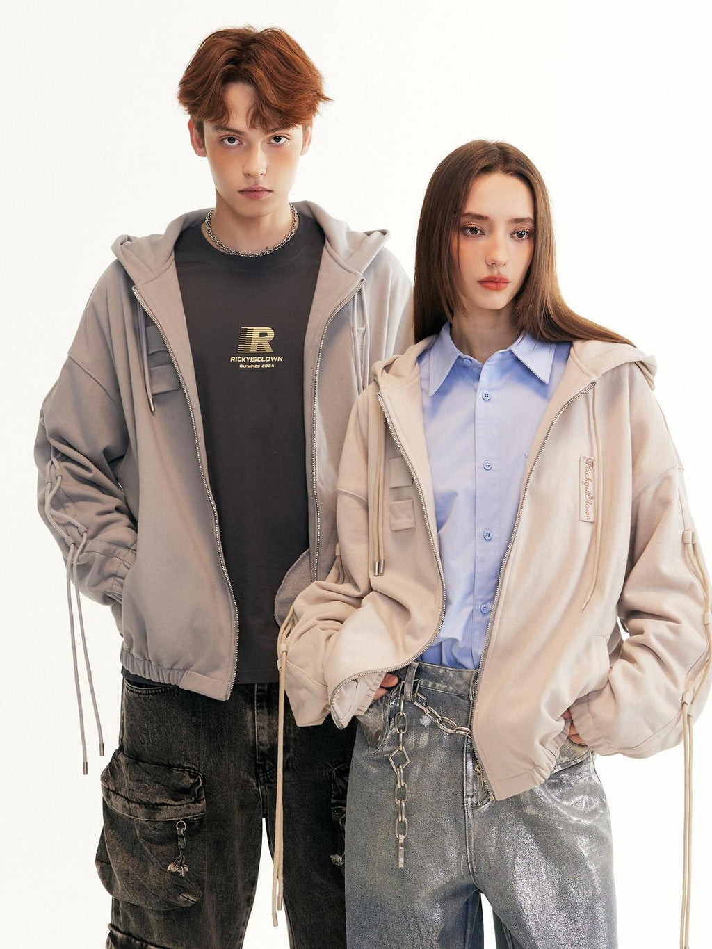 RickyisClown Street Drawstring Oversized Design Detail Men's Zip-up Hoodies