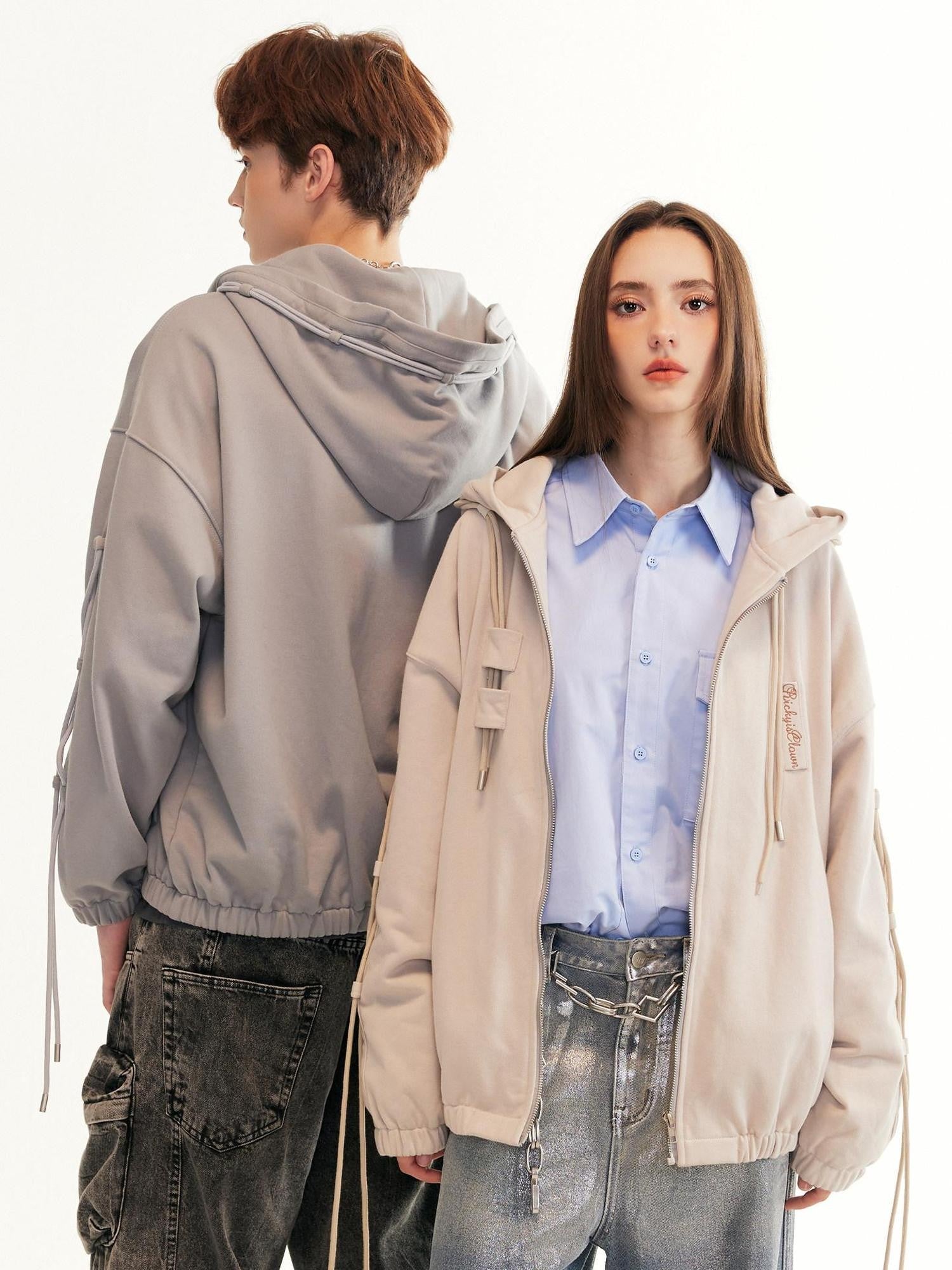 RickyisClown Street Drawstring Oversized Design Detail Men's Zip-up Hoodies