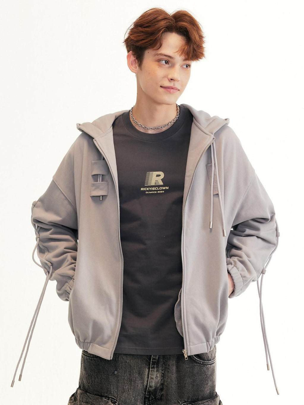 RickyisClown Street Drawstring Oversized Design Detail Men's Zip-up Hoodies