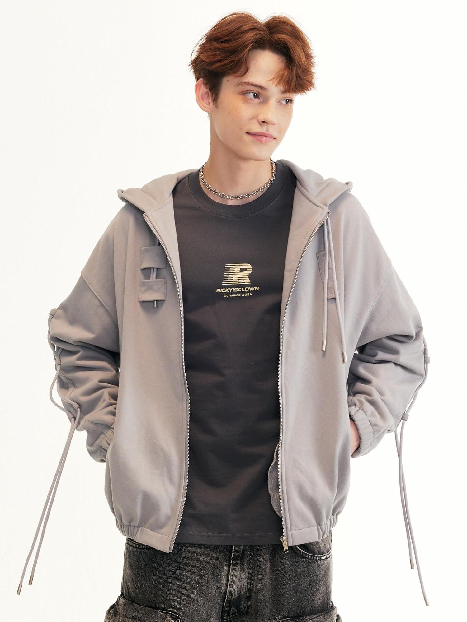 RickyisClown Street Drawstring Oversized Design Detail Men's Zip-up Hoodies