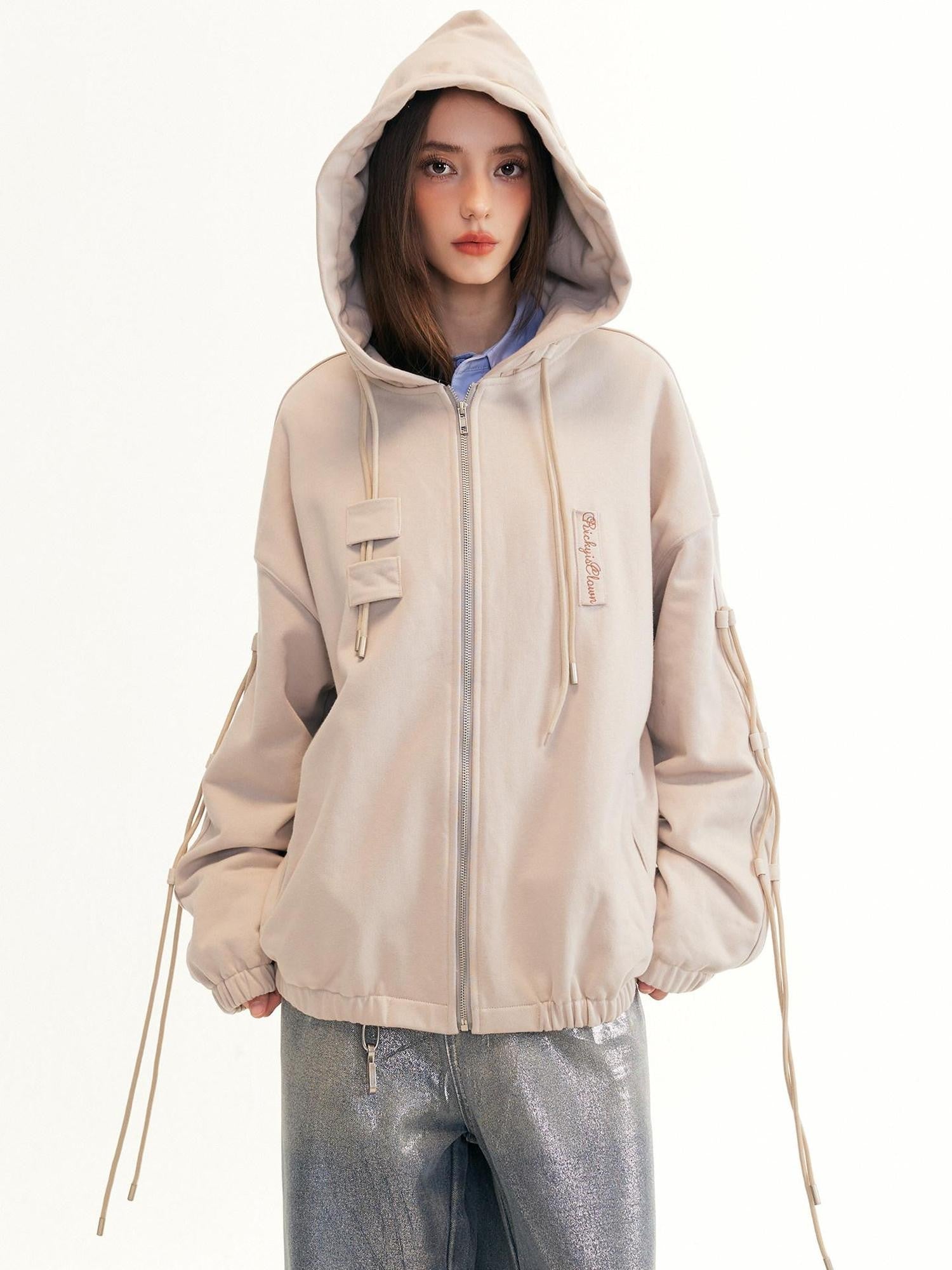 RickyisClown Street Drawstring Oversized Design Detail Men's Zip-up Hoodies