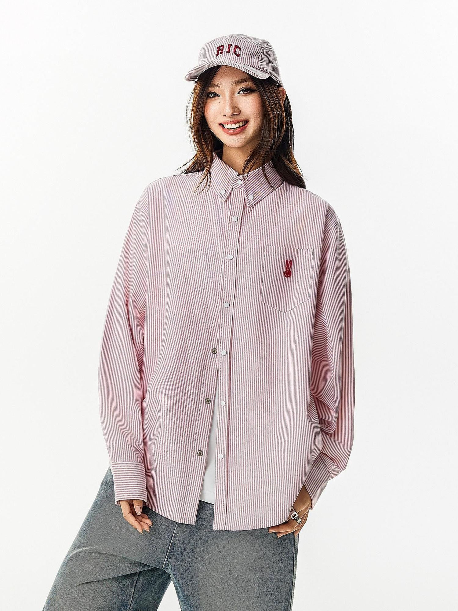 RickyisClown Swirl Rabbit Print Button Front Long Sleeve Men's Striped Shirts