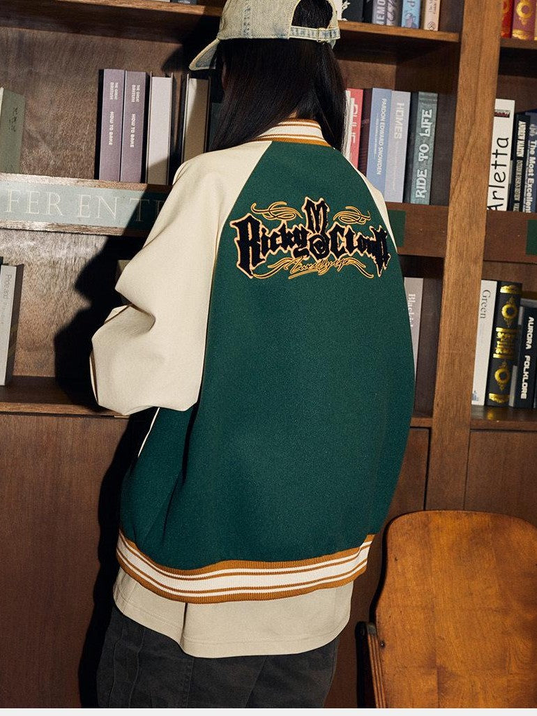 RickyisClown Swirl Rabbit Twin Lotus Embroidered Men's Baseball Style Leather Jackets