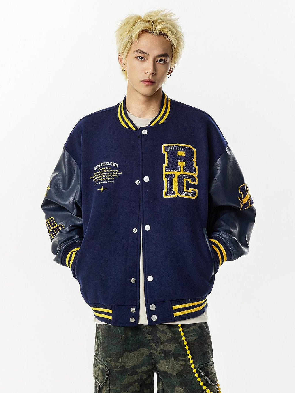 RickyisClown Terry Embroidery Colorblock Pu Leather Patchwork Men's Baseball Jerseys