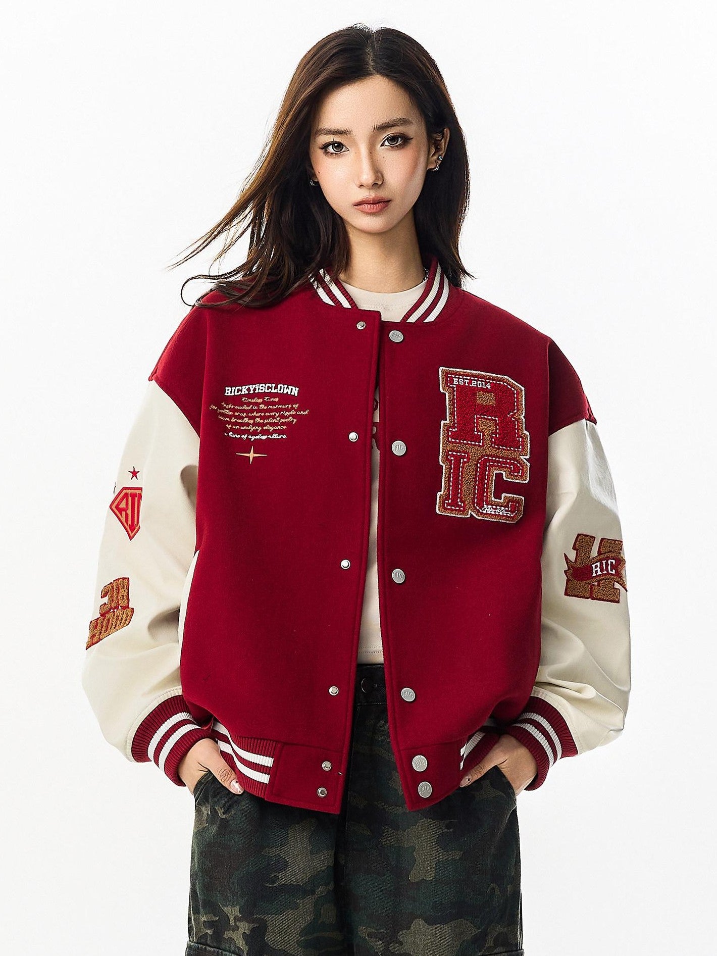 RickyisClown Terry Embroidery Colorblock Pu Leather Patchwork Men's Baseball Jerseys